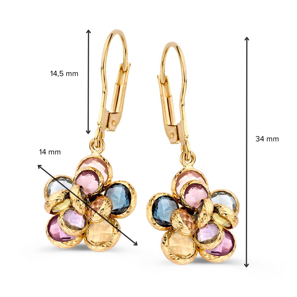 Wunderschöne Gelbgold-Ohrhaken mit blütenförmigen Farbsteinen – Amethyst, Topas, Rosenquarz und Grüner Amethyst