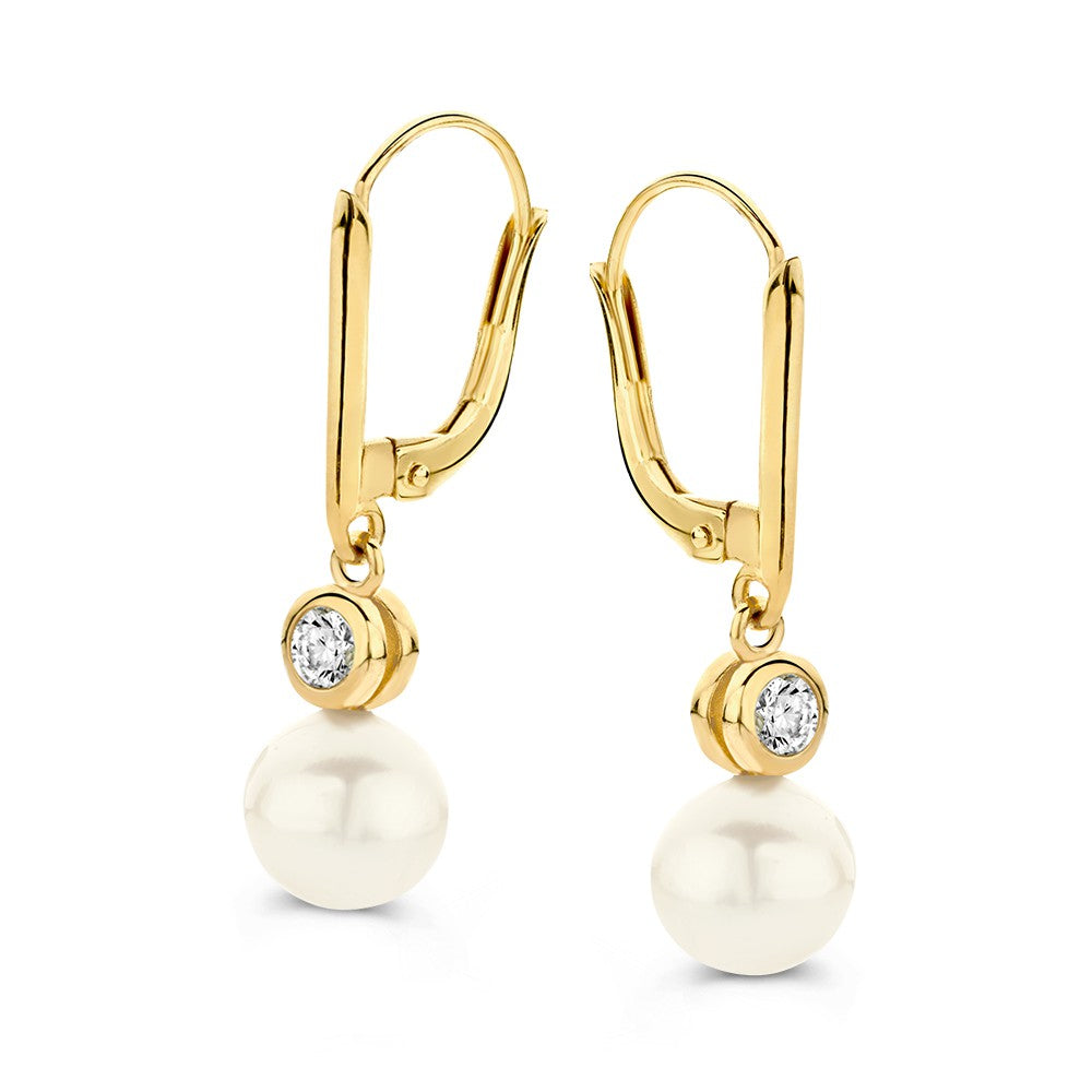 Gelbgoldene Ohrhaken mit einer Perle und Zirkonia, 14 Karat