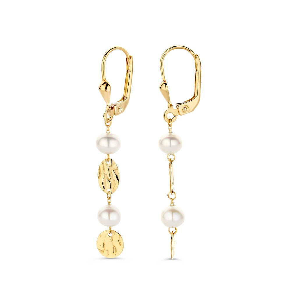 Goldene Ohrhaken mit langen Anhängern und Perlchen – 14 Karat Gelbgold