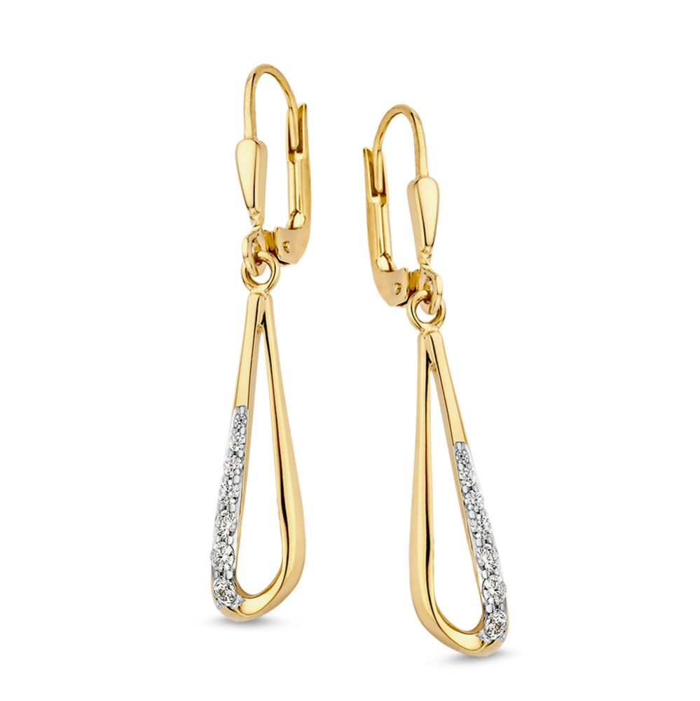 Gelbgoldene Ohrhaken mit Zirkonia, tropfenförmig, 14 Karat Gold, glänzende Oberfläche
