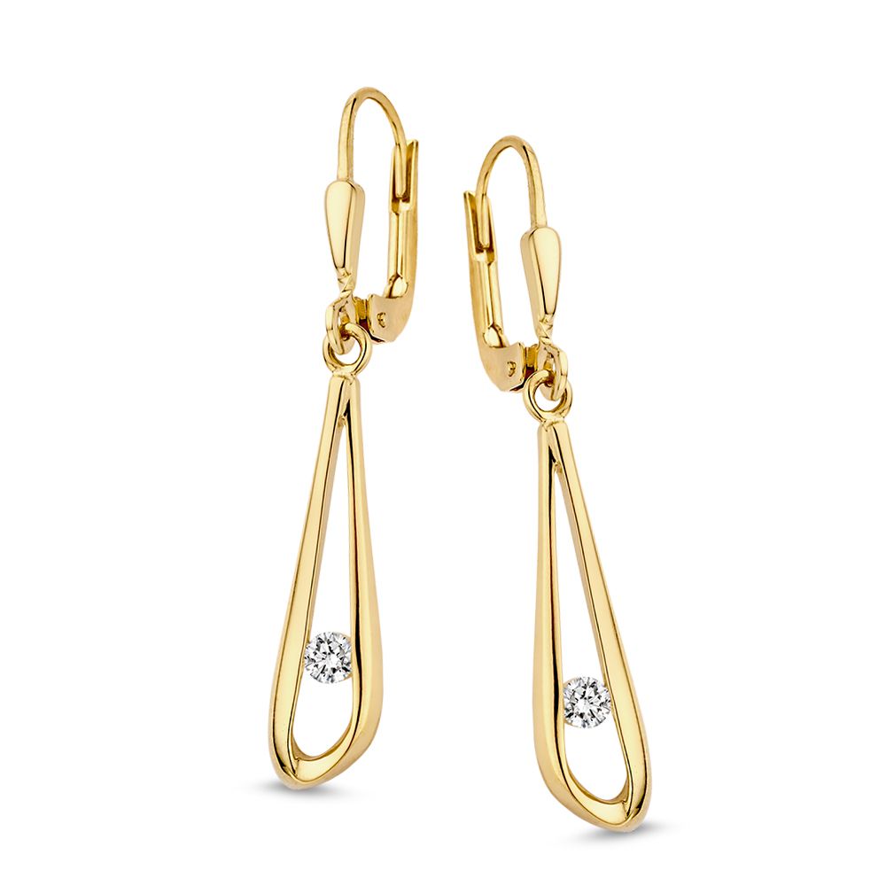 Gelbgoldene Ohrhaken mit Zirkonia, 14 Karat, tropfenförmiges Design mit funkelndem Stein