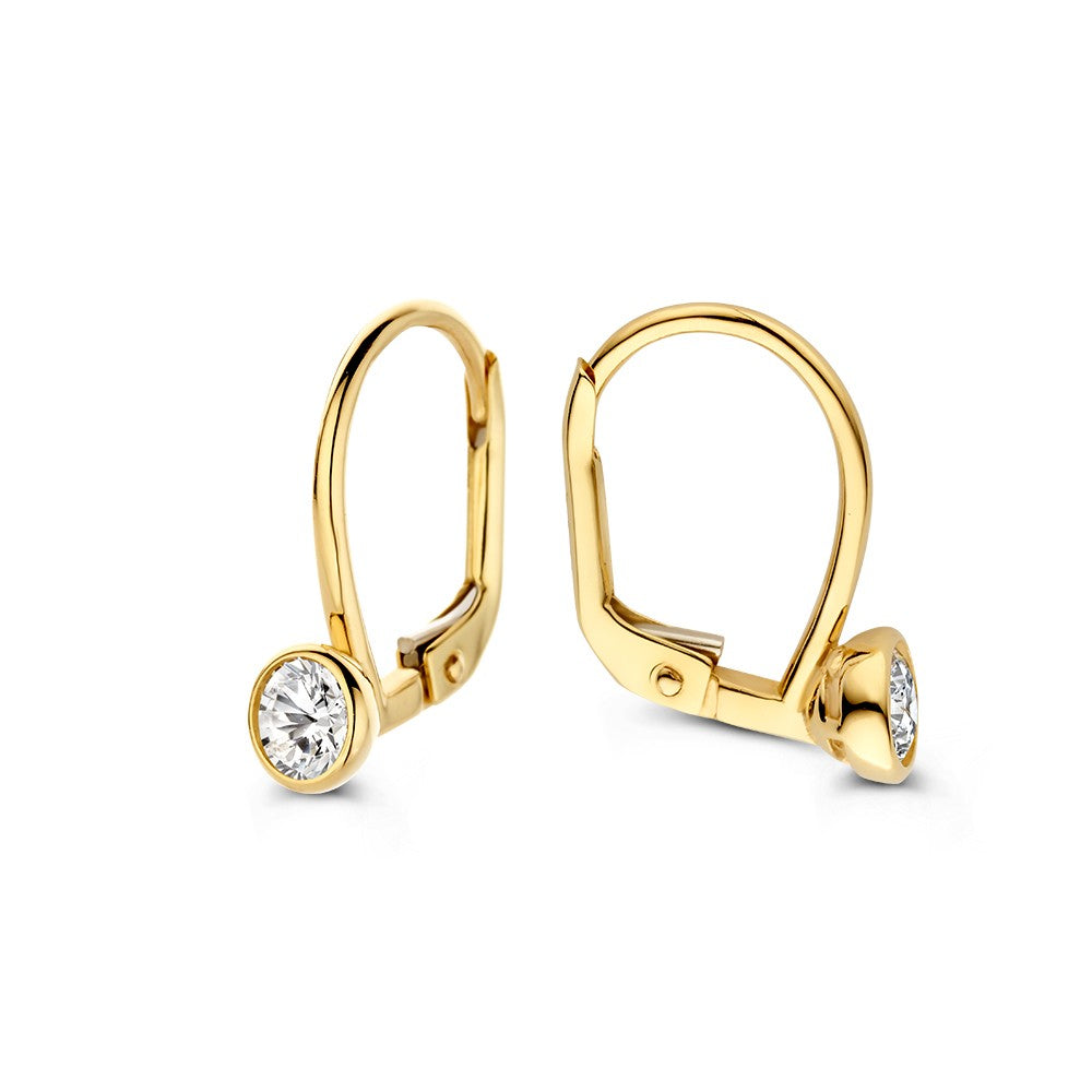 Gelbgoldene Ohrhaken mit Zirkonia im runden Fassring – 14 Karat
