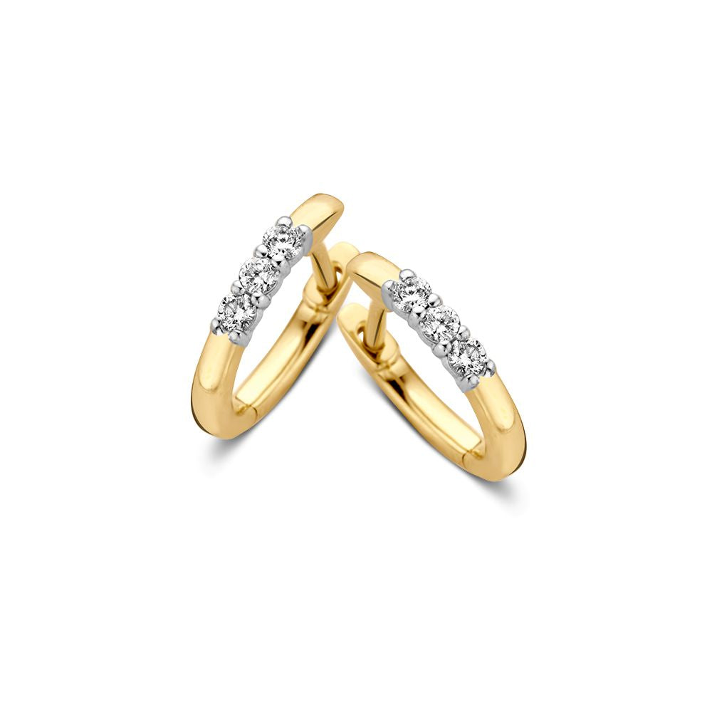 Bicolor Ohrringe aus Gelb- und Weißgold mit drei Diamanten, 14 Karat, insgesamt 0,15 Karat