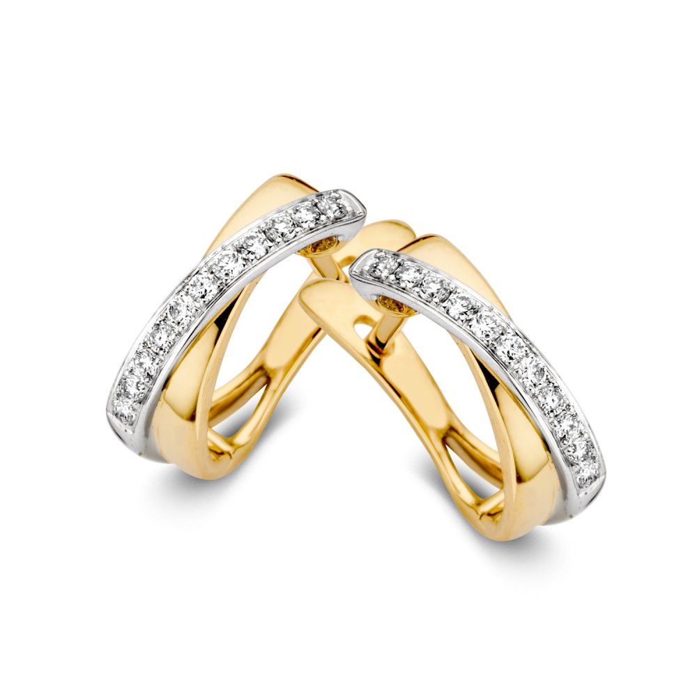 Bicolor Ohrringe aus Gelb- und Weißgold mit 0,16 Karat Diamanten und geschwungener Form