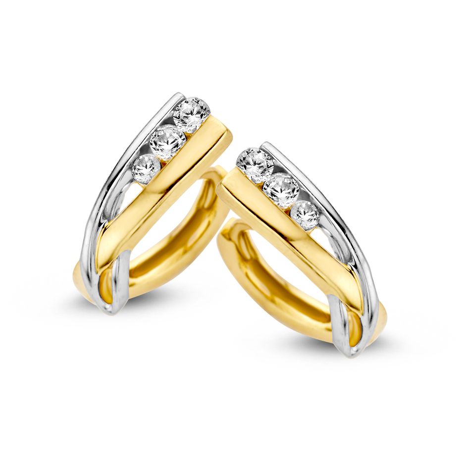 Bicolor Creolen aus Gelb- und Weißgold mit Zirkonia, mit reduzierter Steckerform