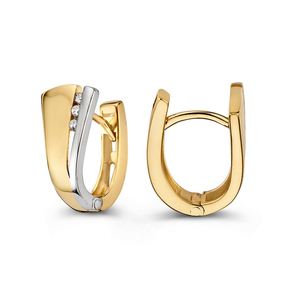 Bicolor-Ohrringe aus Weiß- und Gelbgold mit drei Zirkonia – Elegante Creolen mit abgesenktem Stecker