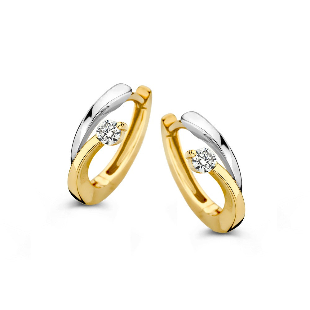 Bicolor Ohringe aus Weiß- und Gelbgold mit Zirkonia, geschwungene Form und dezente Eleganz