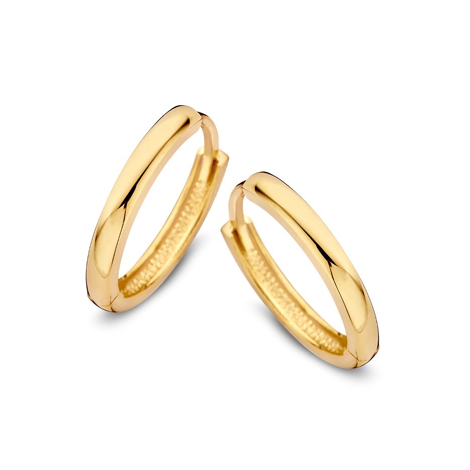 Gelbgoldene Creolen mit Scharnier aus 14 Karat Gold, glänzende Oberfläche und geschwungene Form