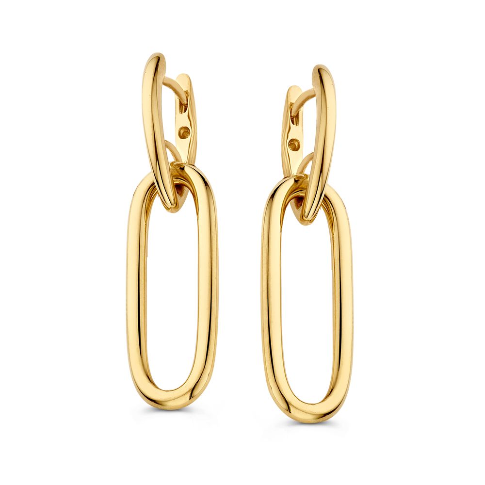 Goldene Ohrringe mit groben, hängenden Gliedern in ovaler Form als Statement-Accessoire