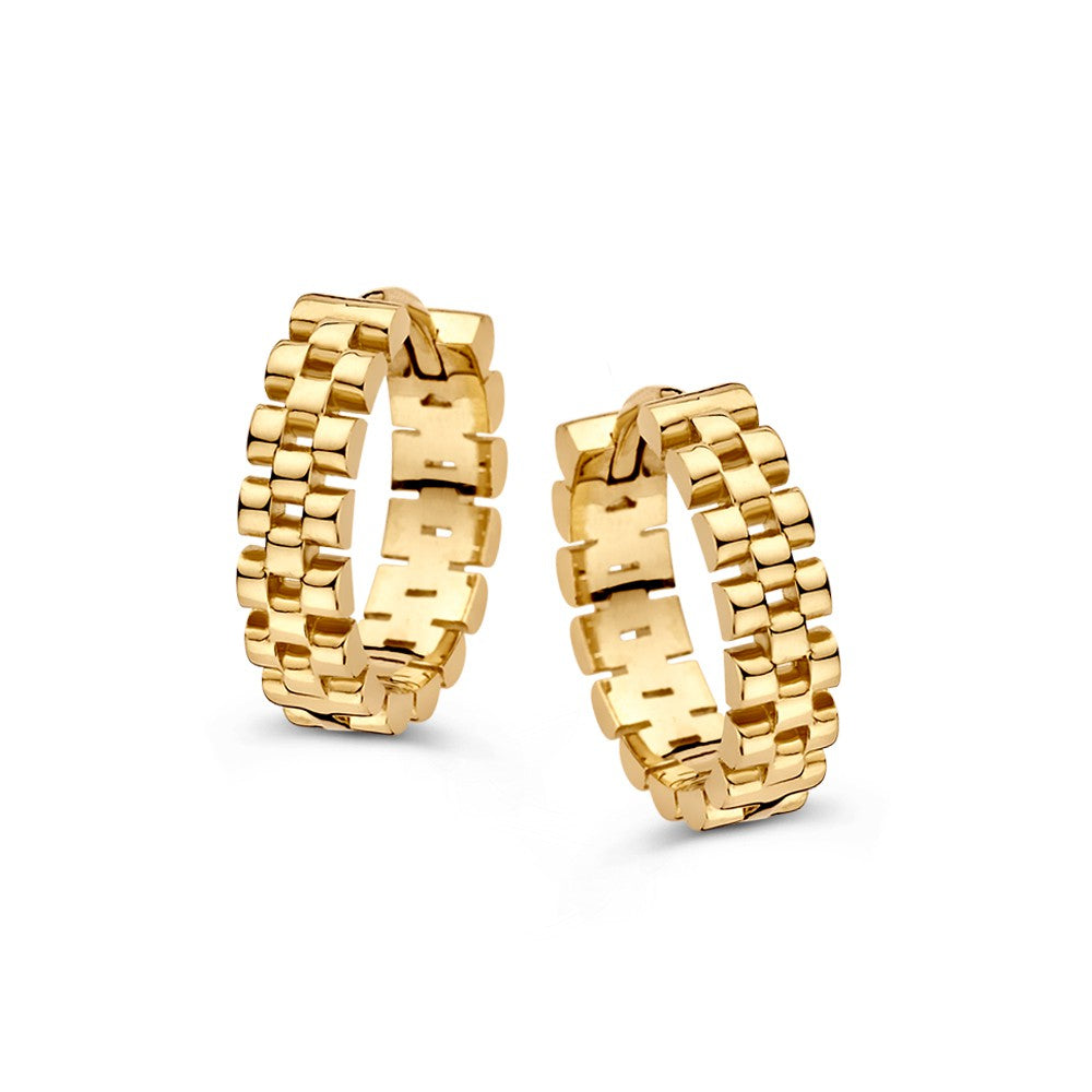 Gelbgoldene Ohrringe mit Rolex-Gliedern in ovaler Form und glänzender Oberfläche