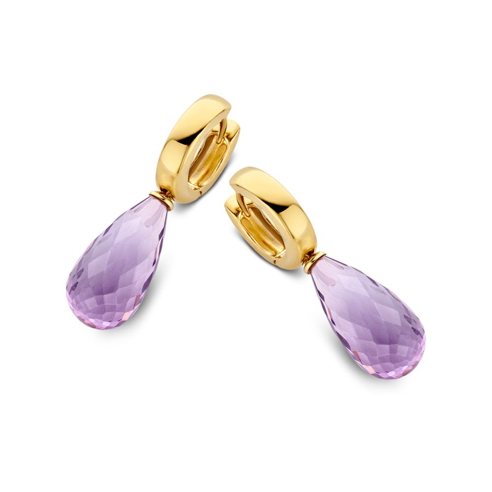Gelbgoldene Ohrringe mit tropfenförmigem, lila Amethyst
