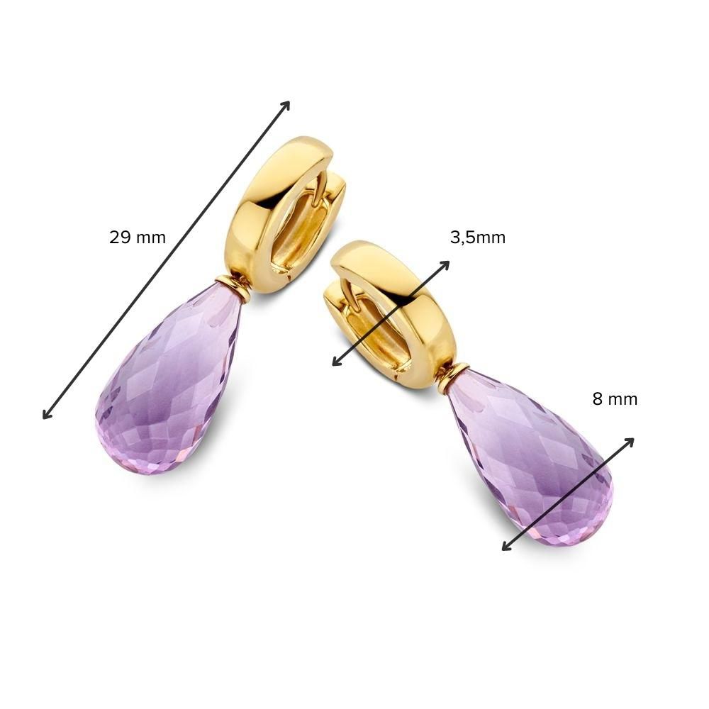 Gelbgoldene Ohrringe mit tropfenförmigem lila Amethyst – Eleganz in Bewegung