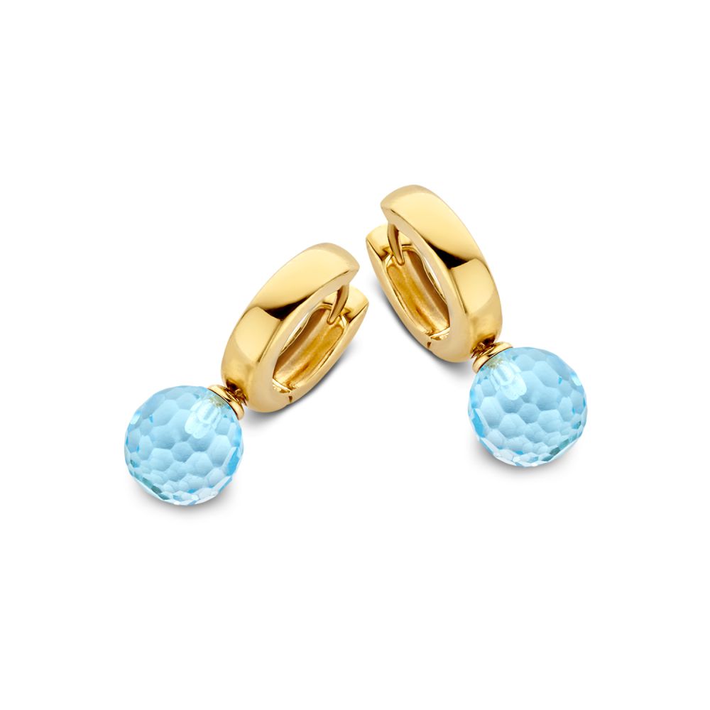 Gelbgoldene Ohrhänger mit facettierten blauen Topas-Anhängern