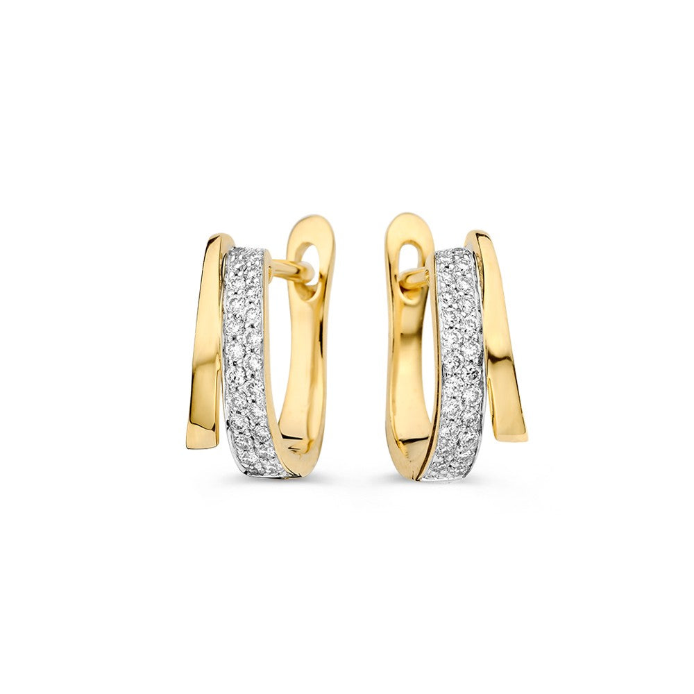 Klapp-Ohrringe aus Gelbgold mit einer glänzenden Oberfläche und einem Band aus funkelnden Brillanten.