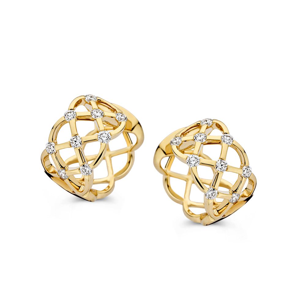 Prachtige Geelgouden Oorringen met Diamant en Geweven Patroont 0,44 crt.