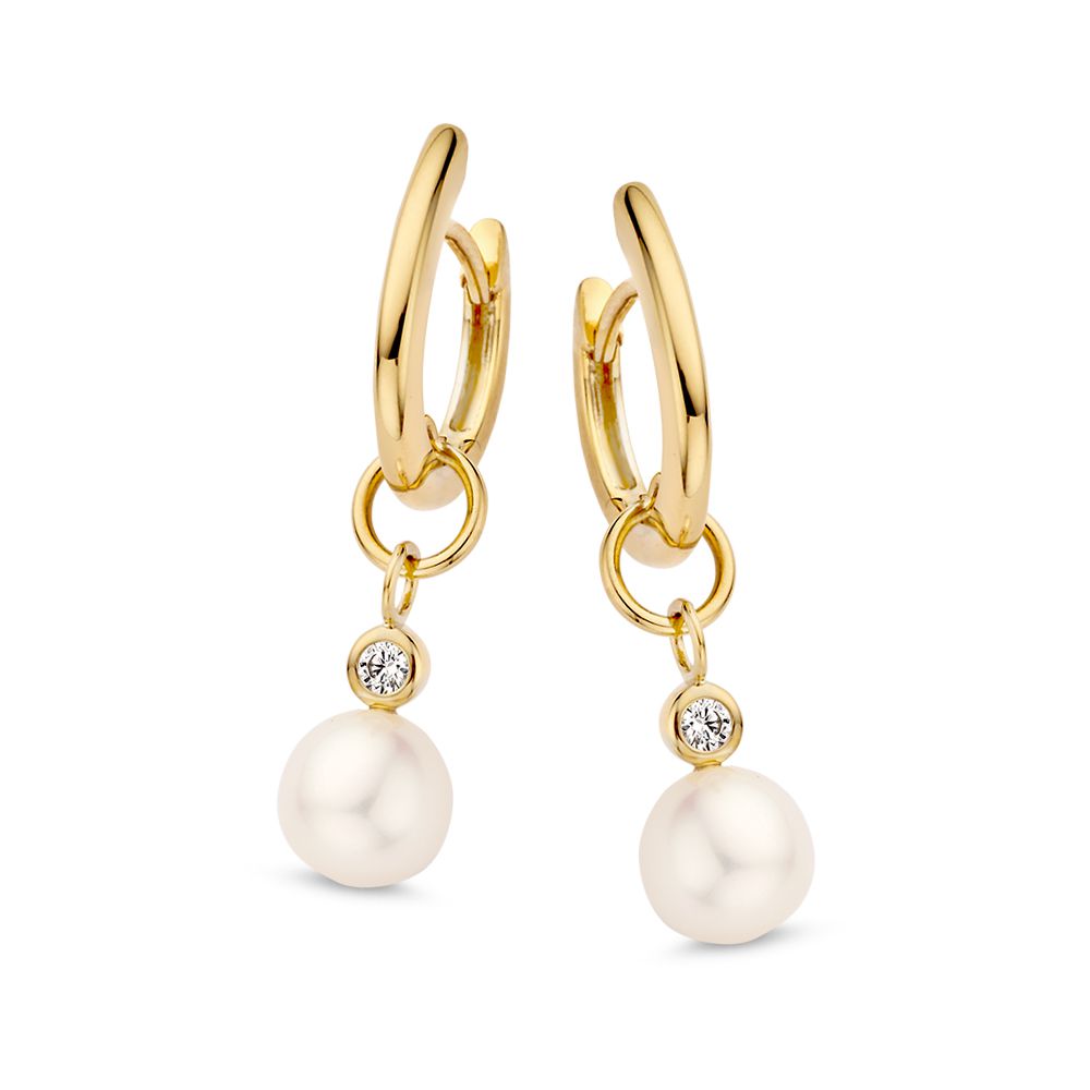 Elegante Ohrhänger aus Gelbgold mit runden Perlen und kleinen Zirkonia-Steinen