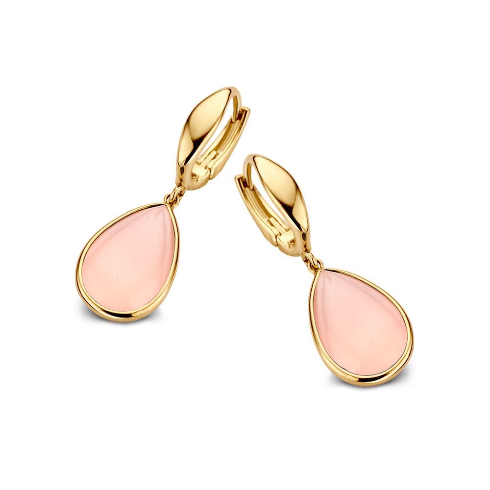 Gelbgoldene Klappcreolen mit rosa Chalcedon in Tropfenform