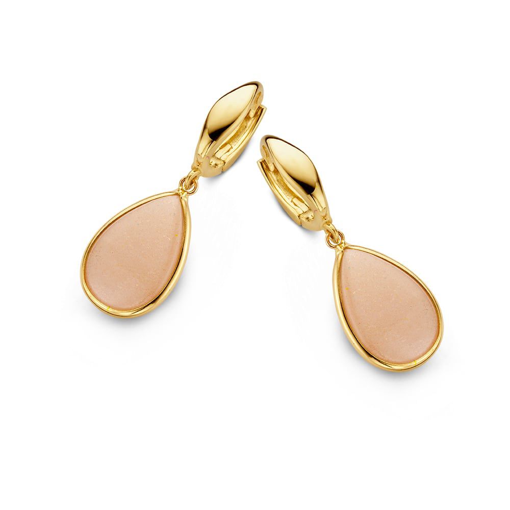 Gelbgoldene Ohrringe mit rosa Mondstein-Anhängern in Tropfenform