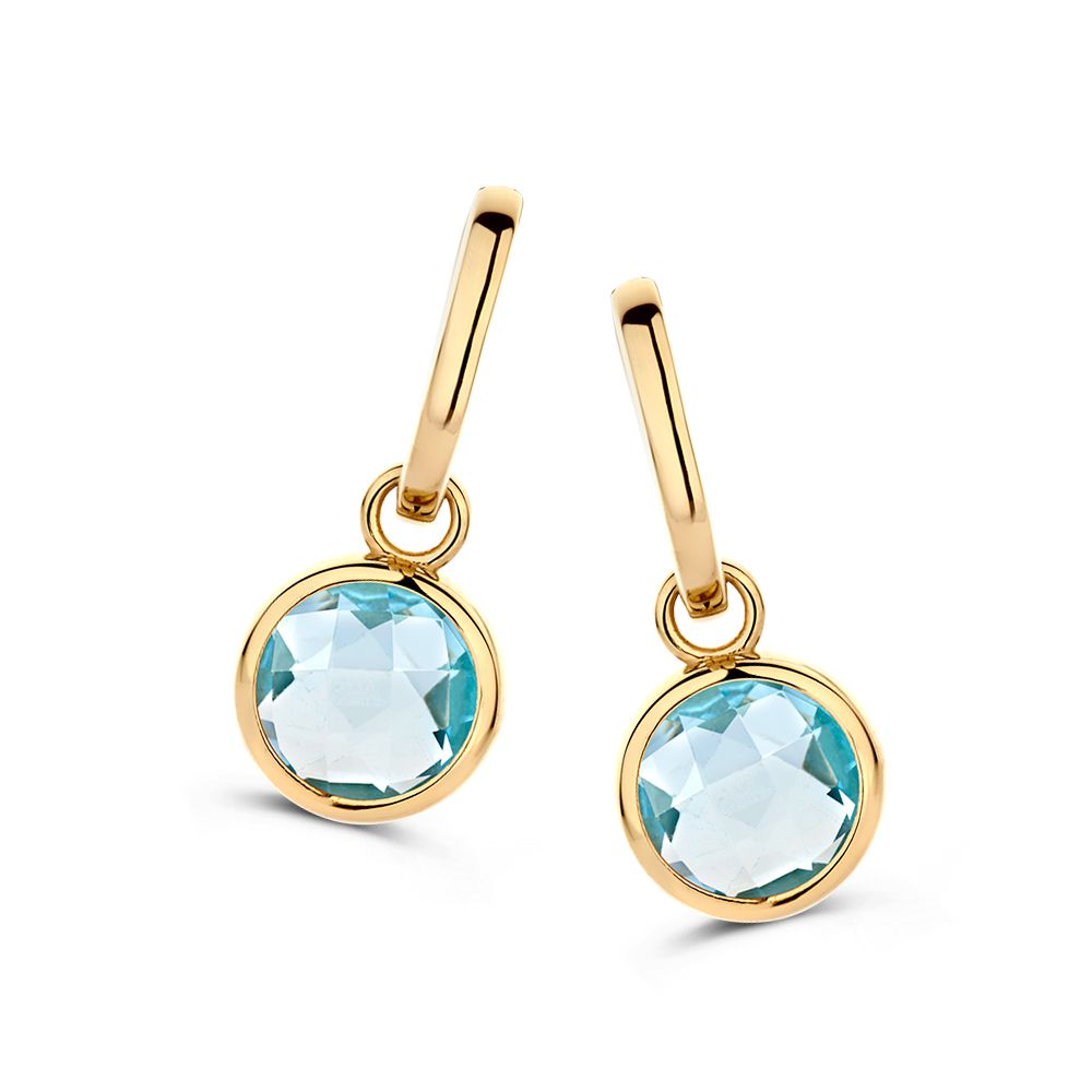 Gelbgoldene Ohrhänger mit blauen Topas-Anhängern in runder Form