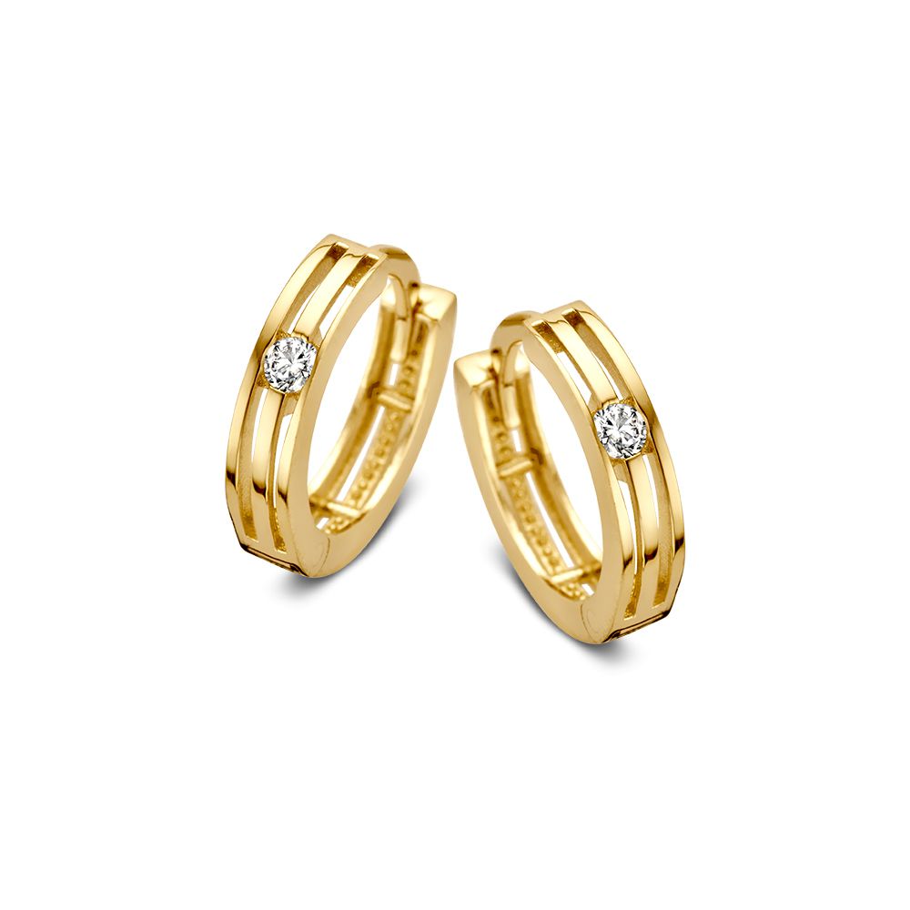 Elegante Ohrhänger aus Gelbgold mit Zirkonia, gestreiftes Design und funkelndem Stein