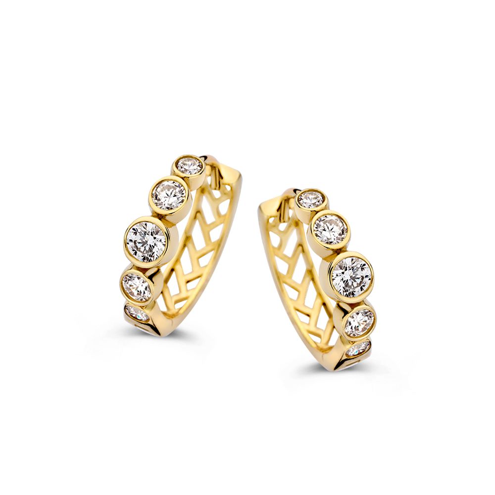 Gelbgoldene Ohringe mit Zirkonia in runden Zarkasten, 14 Karat Gold, filigranes Design