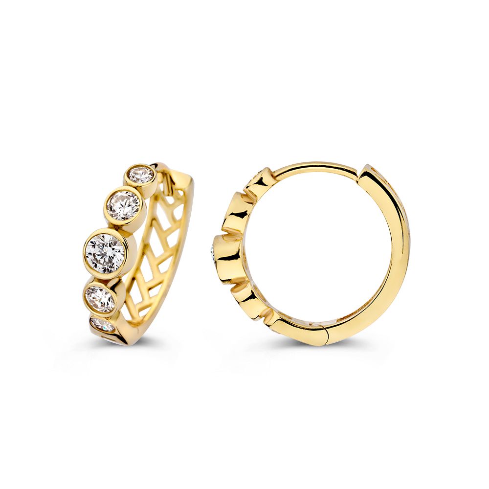 Gelbgoldene Ohrringe mit Zirkonia in runden Zargenfassungen | 14 Karat Gold | Van der Kooij
