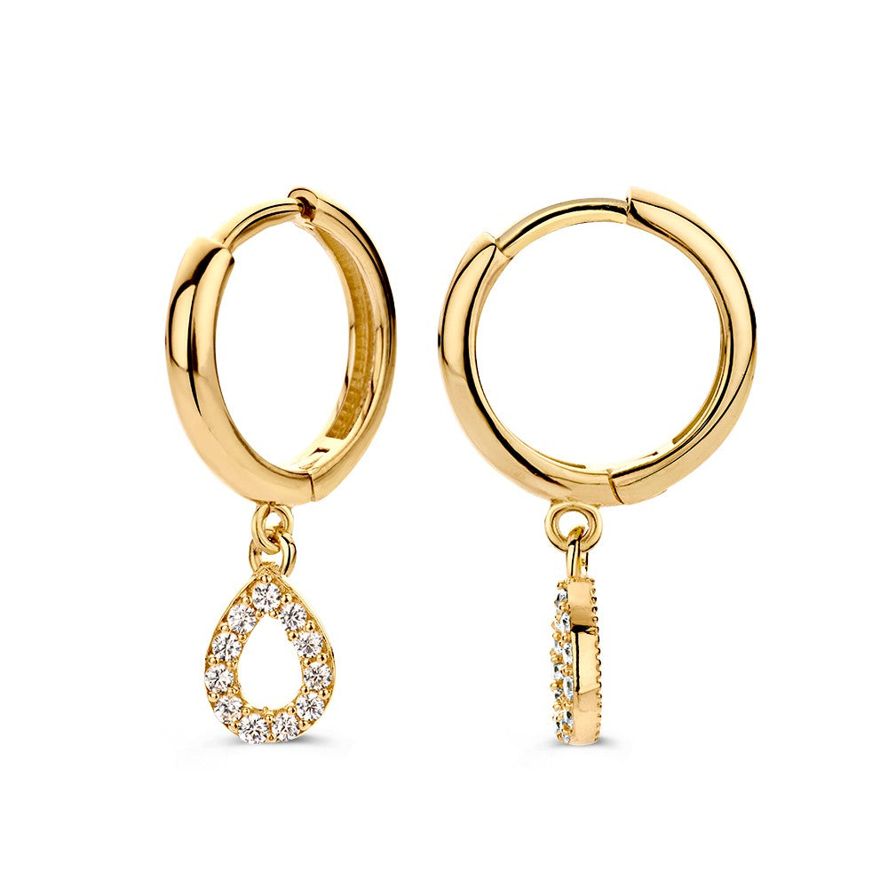 Elegante Gelbgold-Ohrringe mit verspielten tropfenförmigen Anhängern und Zirkonias