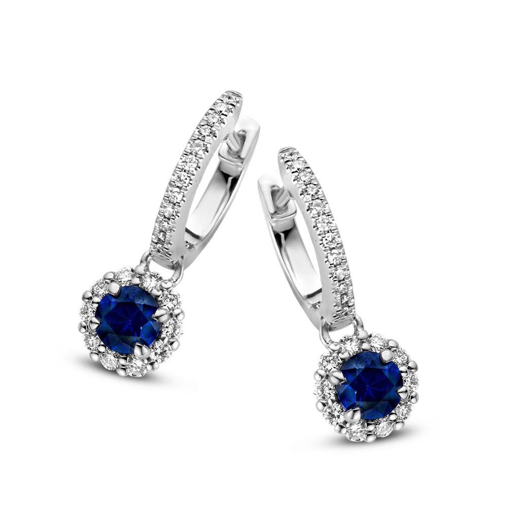 Witgoldene Ohrringe mit Saphir-Anhängern, 0,74 ct Saphir und 0,32 ct Diamant, mit funkelnden Zirkonia.