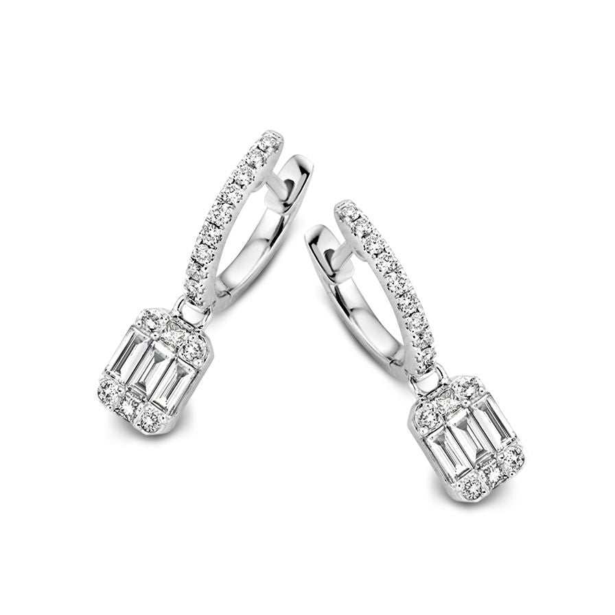 Witgoldene Ohrringe mit Diamant-Anhängern, baguette- und brillantgeschliffene Diamanten, insgesamt 0,60 ct
