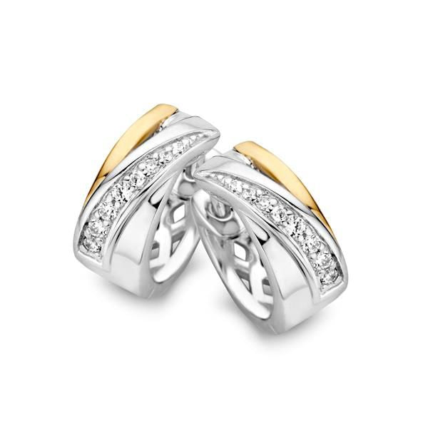 Elegante Silber-Gold Ohrringe mit Zirkonia, geschwungene Form und glänzender Oberfläche