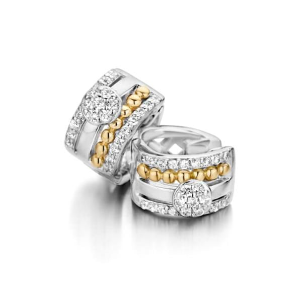 Creolen aus Silber mit 14-karätigem Gold und Zirkonia, glänzende Details und strukturierte Oberfläche
