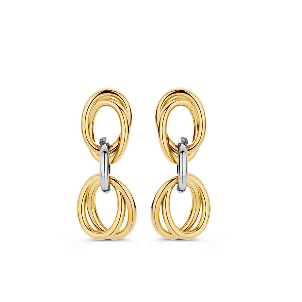 Bicolor Ohrringe aus Gold mit hängenden, ovalen Gliedern und einem silbernen Detail