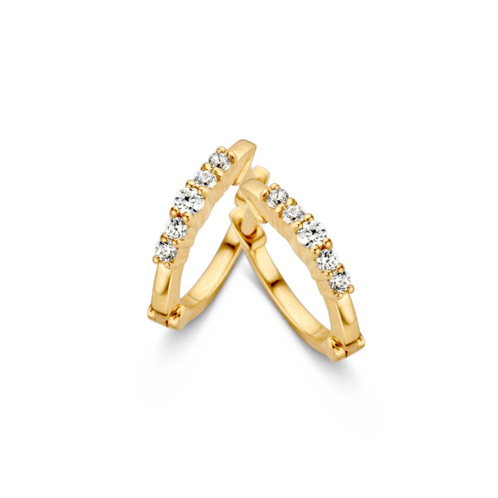 Schmale Klapcreolen aus Gelbgold mit Zirkonia, glänzende Oberfläche und dezentes Design