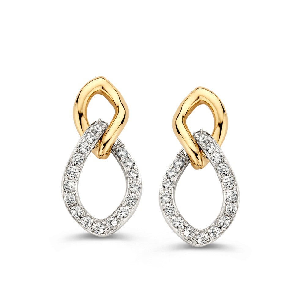 Bicolor Ohrstecker aus Weiß- und Gelbgold mit Zirkonia, tropfenförmiges Design