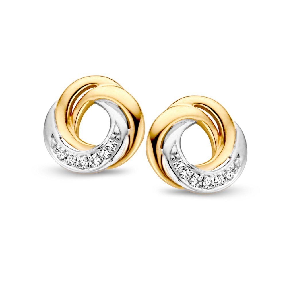 Ohrringe aus Gelbgold und Weißgold mit Brillanten, geschwungene Form und glänzende Oberfläche