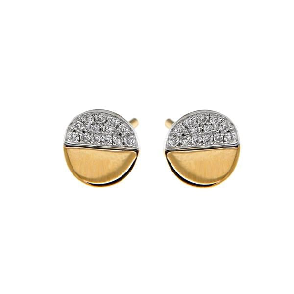 Bicolor Ohrstecker aus 14 Karat Gold mit einem glänzenden, weißen und matten, gelben Bereich sowie Brillanten