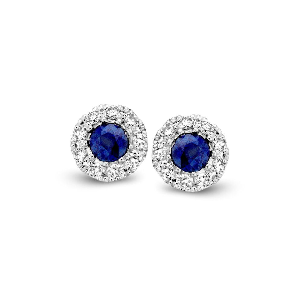 Bicolor Ohrringe mit blauem Saphir und Diamanten, umgeben von einem Ring aus kleinen Diamanten