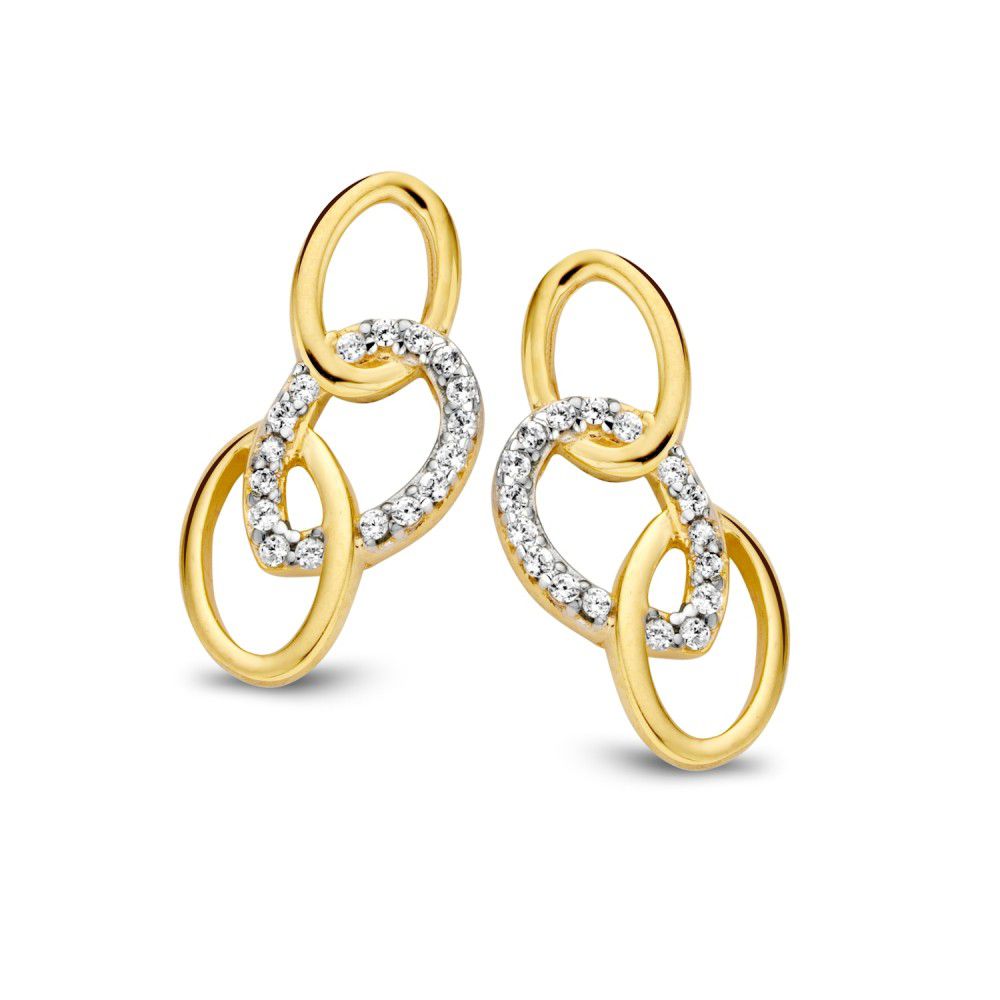 Bicolor Ohrstecker aus 14 Karat Weiß- und Gelbgold mit Zirkonia, 16 mm lang, in geschwungener Form