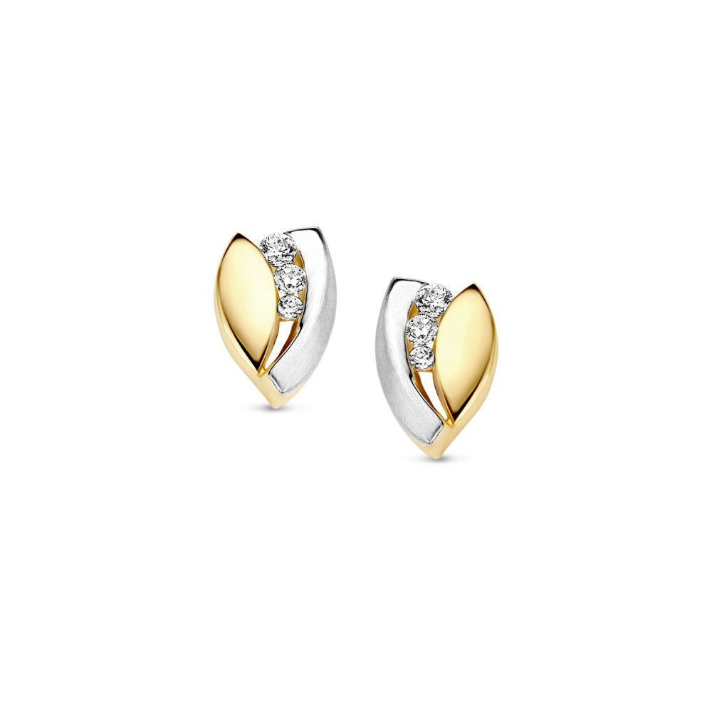 Ohrstecker aus Gelb- und Weißgold mit weißen Zirkonia, blattförmiges Design