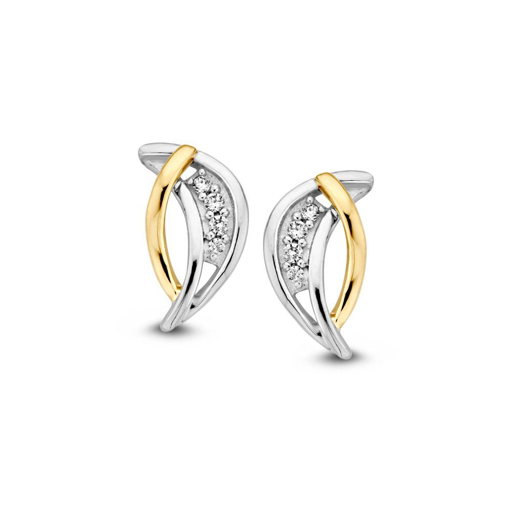 Bicolor 14k Gold Earrings with White Zirconia – Elegant 12mm Studs for Women