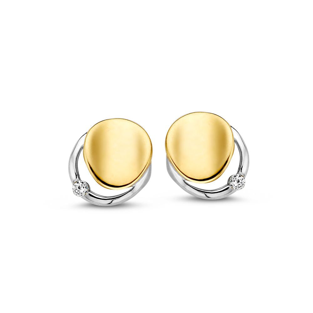 Bicolor 14k Gold Ohrstecker mit weißem Zirkonia, 8mm, runde Form und glänzende Oberfläche