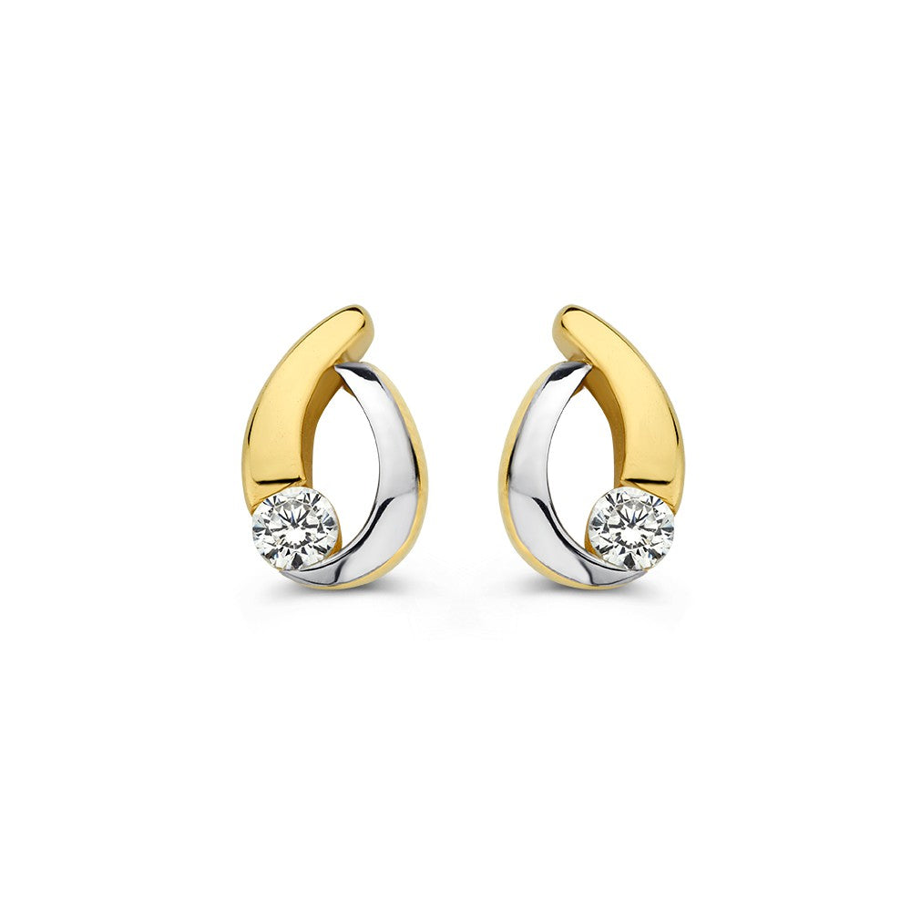 Bicolor Ohrstecker aus 14 Karat Weiß- und Gelbgold mit Zirkonia, geschwungene Form