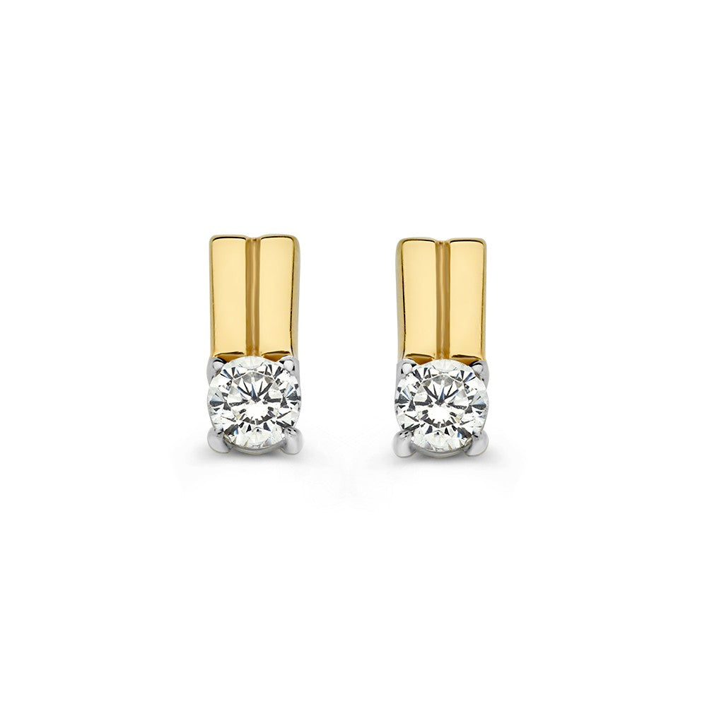 Bicolor Ohrstecker aus Weiß- und Gelbgold mit Zirkonia, schlichtes Design, 14 Karat