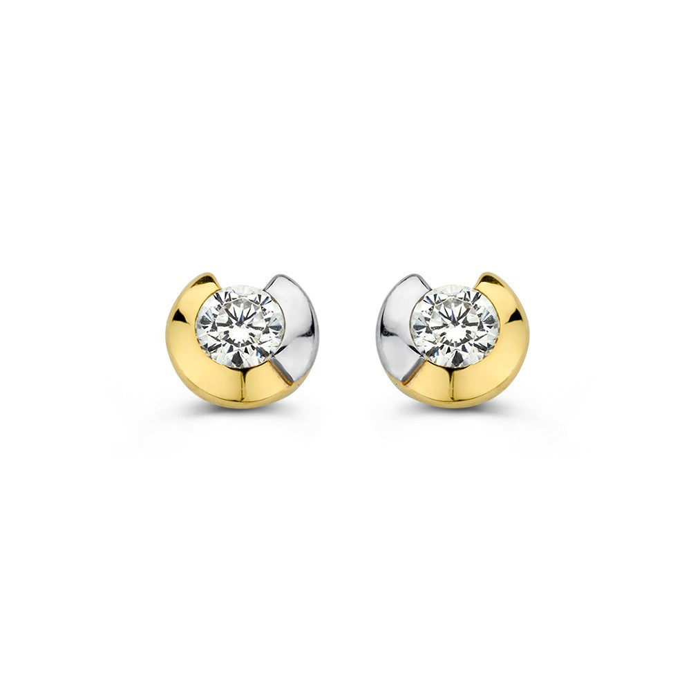 Bicolor Ohrstecker aus 14K Weiß- und Gelbgold mit Zirkonia, Durchmesser 6mm