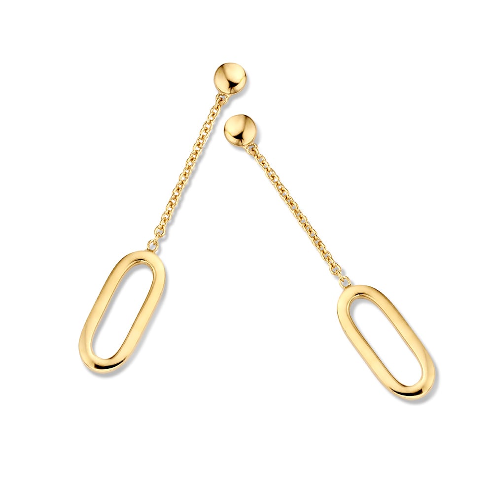 14K gelbgoldene Ohrstecker mit langen 40 mm Anhängern in ovaler Form und feiner Kette