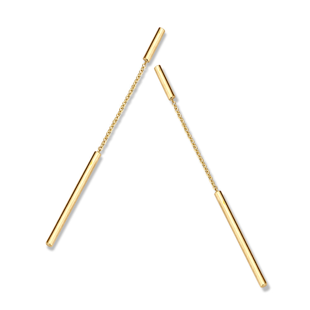 Gelbgoldene Ohrringe mit hängenden Stäbchen, 70 mm lang, modernes Design mit feinen Ketten.