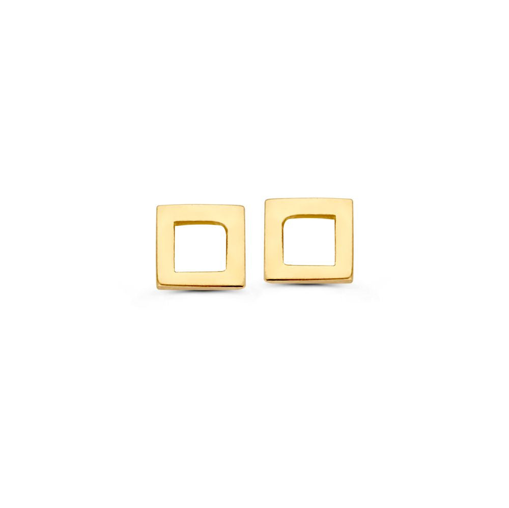Gelbgoldene Ohrstecker im quadratischen Design mit einem offenen Innenfeld