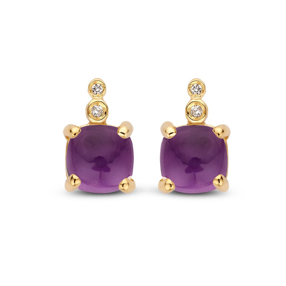 Gelbgoldene Ohrringe mit runden Amethysten und kleinen Diamanten in Zargenfassung