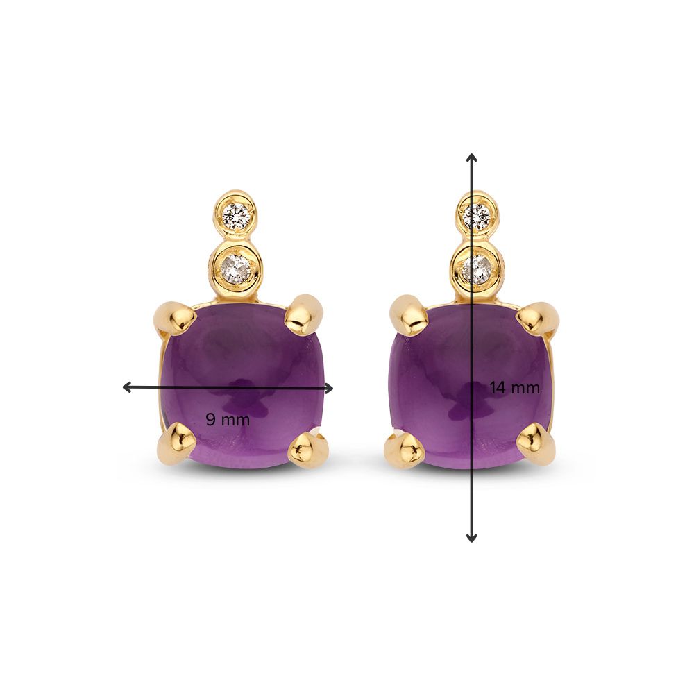 Farbenfrohe Ohrringe aus Gelbgold mit violettem Amethyst und Diamanten in runden Zargenfassungen – 14 Karat Gold