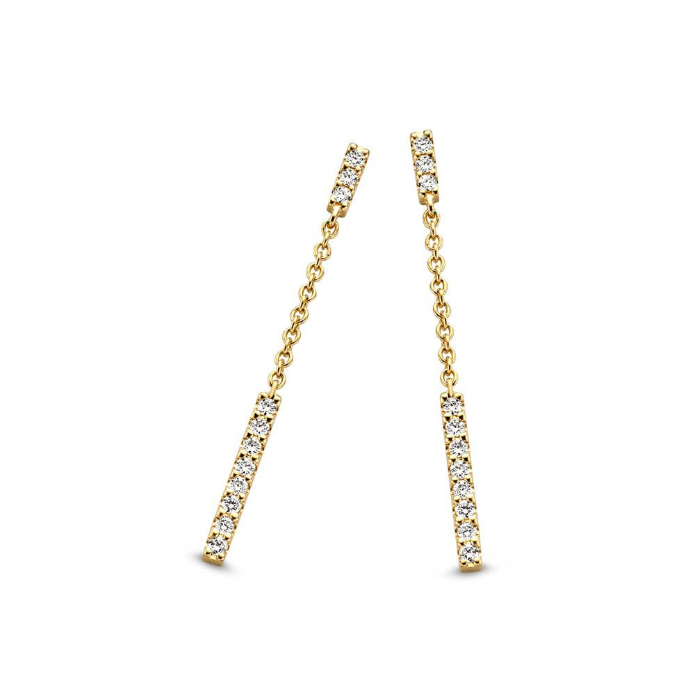 Gelbgoldene Ohrstecker mit 0,12 ct Diamanten, längliche Form mit feiner Kette und funkelnden Steinen